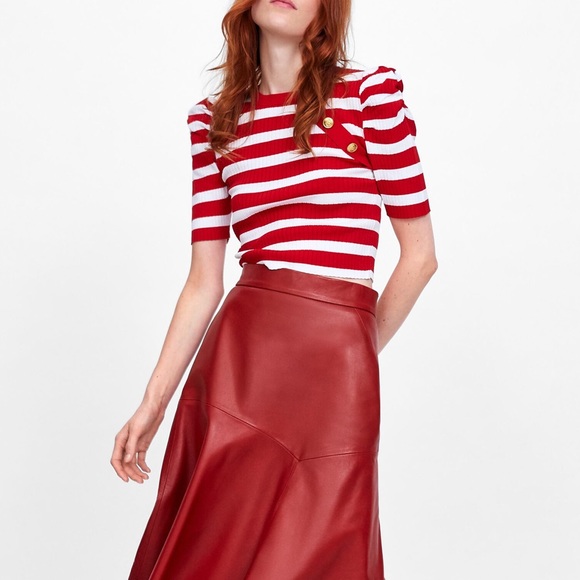 Zara Tops - Zara Red White Striped Puff Sleeve Button Detail Organza Shirt sz S